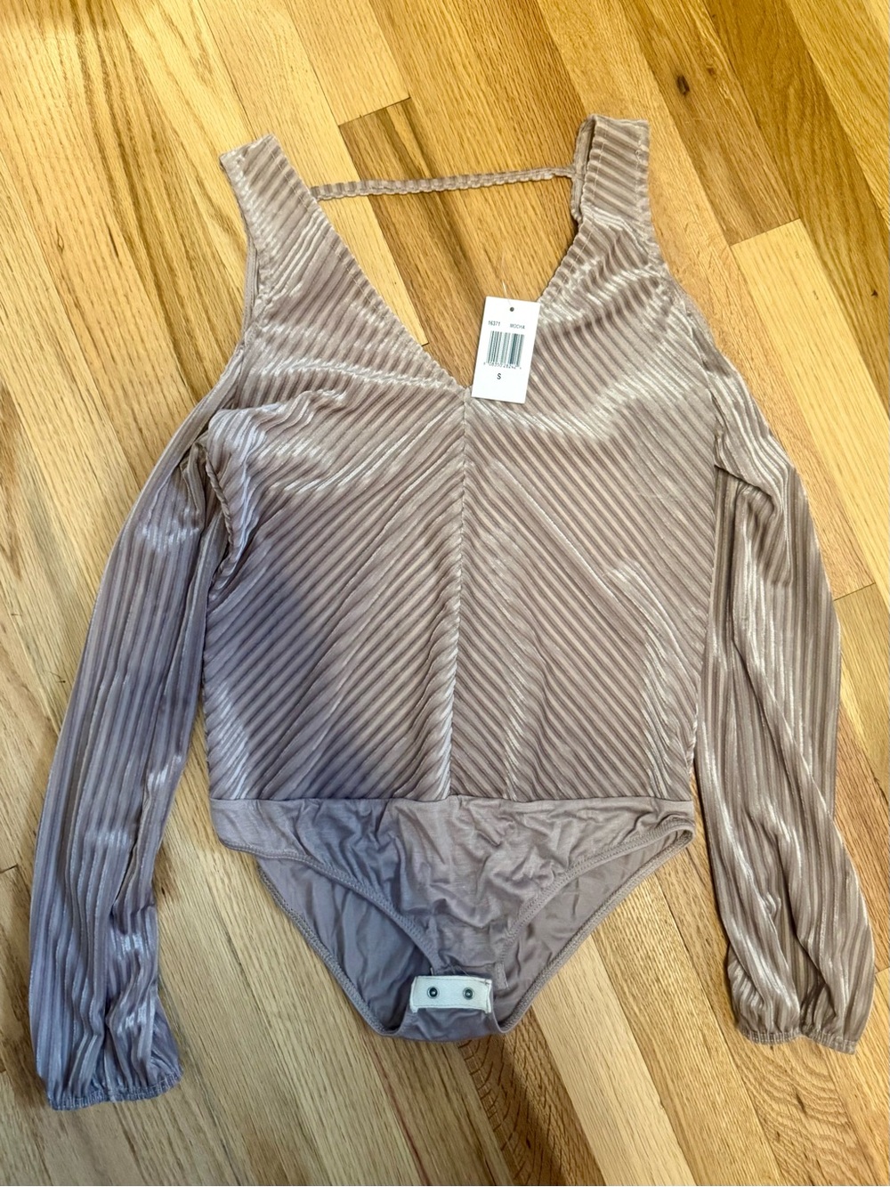 The Vanity Room Ribbed Velvet V-Neck Long-Sleeve Bodysuit in Taupe
